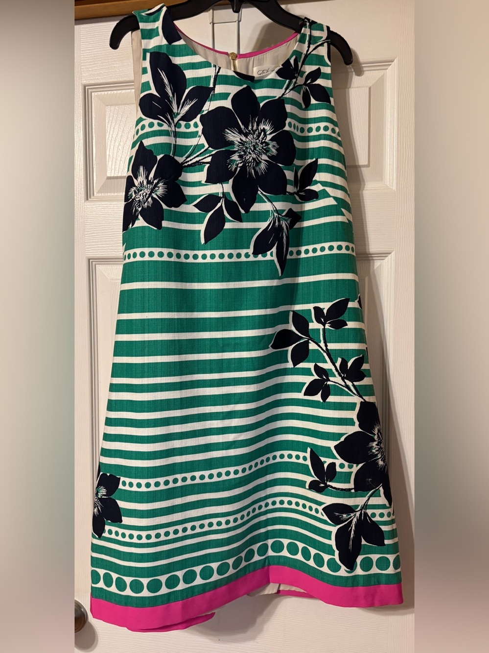 Eliza J Green White Navy Floral Striped A-Line Dress with Pink Hem Size 14
